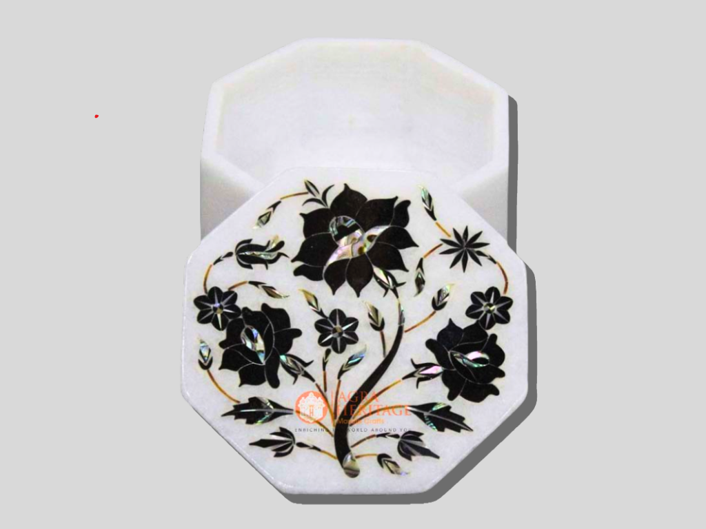 White Marble Jewelry Inlay Box Floral Marquetry Arts